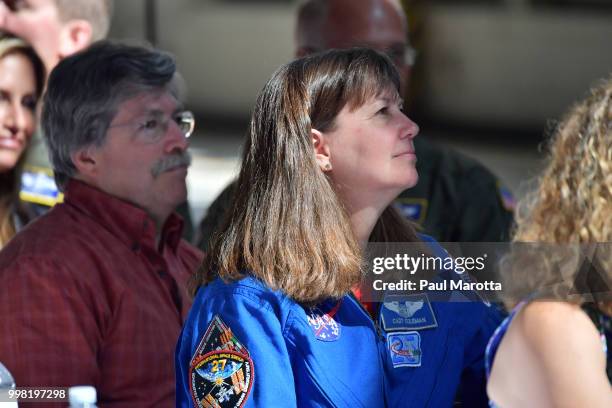 Astronaut Catherine Coleman speaks at the breakfast at 2018 Great New England Air and Space Show Media Day at Westover Air Force Base on July 13,...