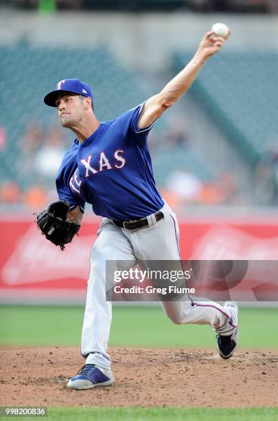 Cole Hamels of the Texas Rangers pitches in the second inning against the Baltimore Orioles at Oriole Park at Camden Yards on July 13, 2018 in...