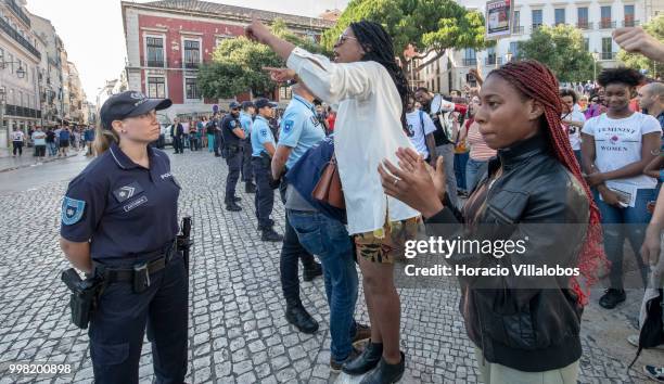 Anti racism demonstrators are blocked by police while reacting against members of the far-right National Renovator Party PNR trying to disrupt the...