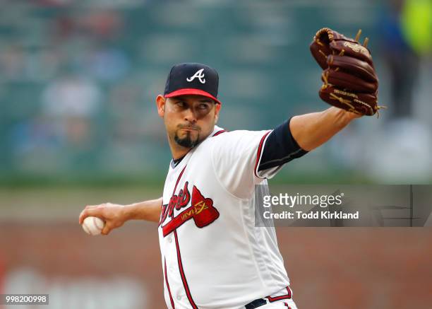 Anibal Sanchez of the Atlanta Braves pitches in the first inning of an MLB game against the Arizona Diamondbacks at SunTrust Park on July 13, 2018 in...