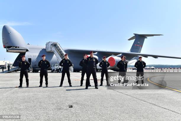 Members of the U.S. Army Golden Knights Parachute Team arrive at the 2018 Great New England Air and Space Show Media Day at Westover Air Force Base...