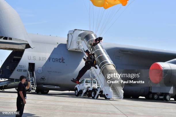 Members of the U.S. Army Golden Knights Parachute Team arrive at the 2018 Great New England Air and Space Show Media Day at Westover Air Force Base...