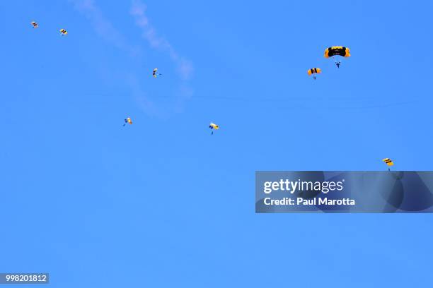 Members of the U.S. Army Golden Knights Parachute Team arrive at the 2018 Great New England Air and Space Show Media Day at Westover Air Force Base...