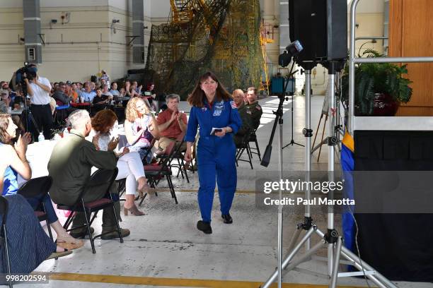 Astronaut Catherine Coleman speaks at the breakfast at 2018 Great New England Air and Space Show Media Day at Westover Air Force Base on July 13,...