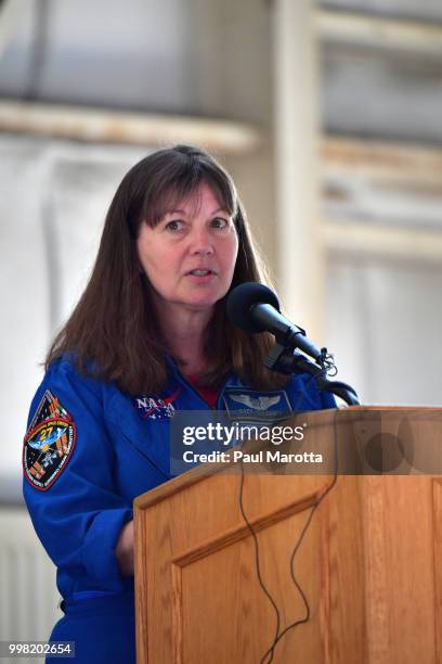 Astronaut Catherine Coleman speaks at the breakfast at 2018 Great New England Air and Space Show Media Day at Westover Air Force Base on July 13,...