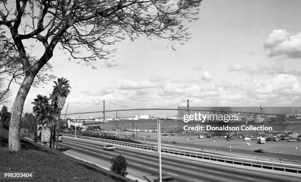 The Vincent Thomas Bridge spanning Los Angeles Harbor in San Pedro, California on January 26, 1972.