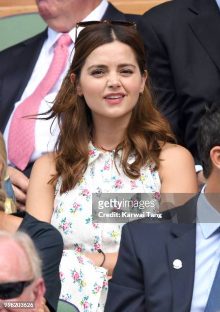 Jenna Coleman attends day eleven of the Wimbledon Tennis Championships at the All England Lawn Tennis and Croquet Club on July 13, 2018 in London,...