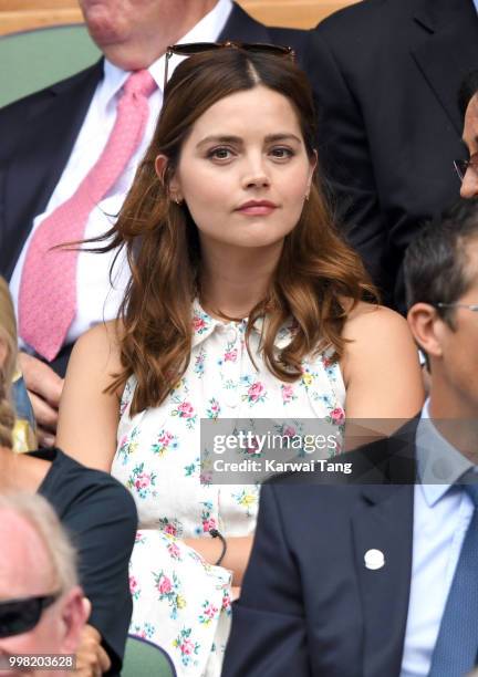 Jenna Coleman attends day eleven of the Wimbledon Tennis Championships at the All England Lawn Tennis and Croquet Club on July 13, 2018 in London,...