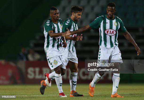 Vitoria Setubal defender Vasco Fernandes from Portugal celebrates with teammates after scoring a goal during the Pre-Season Friendly match between SL...