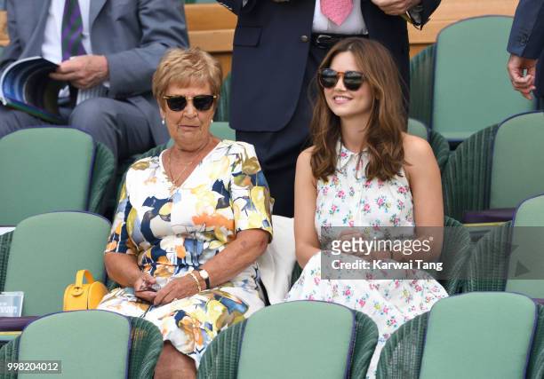 Maureen Morris and Jenna Coleman attend day eleven of the Wimbledon Tennis Championships at the All England Lawn Tennis and Croquet Club on July 13,...