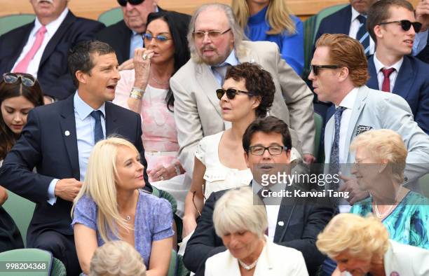 Bear Grylls, Helen McCrory, Damian Lewis , Kitty McIntyre and Michael McIntyre attend day eleven of the Wimbledon Tennis Championships at the All...