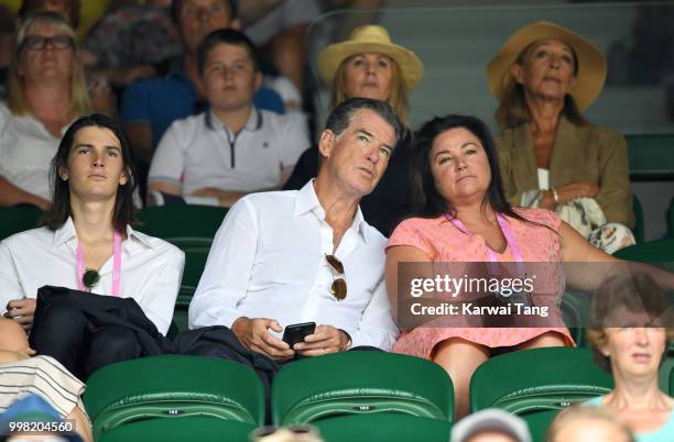 Dylan Brosnan, Pierce Brosnan and Keely Shaye Smith attend day eleven of the Wimbledon Tennis Championships at the All England Lawn Tennis and...