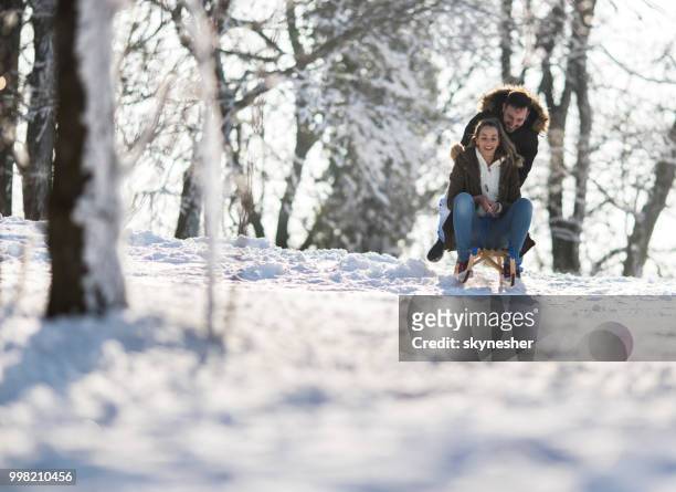 junge brautpaar gleiten auf einem schlitten im winter park. - skynesher stock-fotos und bilder