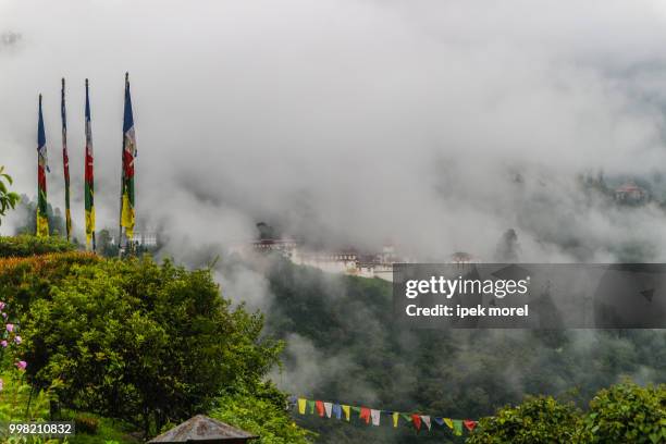 view of trongsa dzong with foggy hills, bumthang, bhutan, asia. - ipek morel stock pictures, royalty-free photos & images