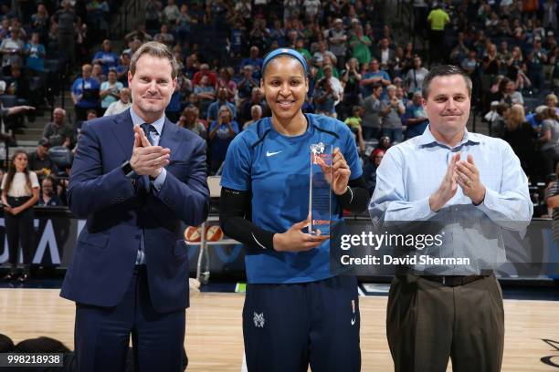 Maya Moore of the Minnesota Lynx receives WNBA Cares Community Assist Award before the game against the Las Vegas Aces on July 13, 2018 at Target...