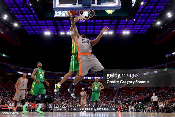 Jason Maxiell of 3's Company attempts a shot while being guarded by Josh Childress of the Ball Hogs during BIG3 - Week Four at Little Caesars Arena...