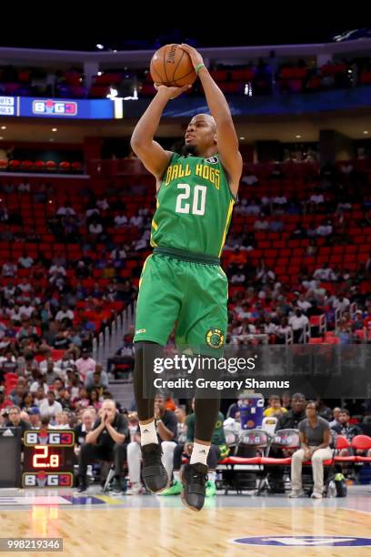 Andre Owens of the Ball Hogs attempts a shot during the game against 3's Company during BIG3 - Week Four at Little Caesars Arena on July 13, 2018 in...