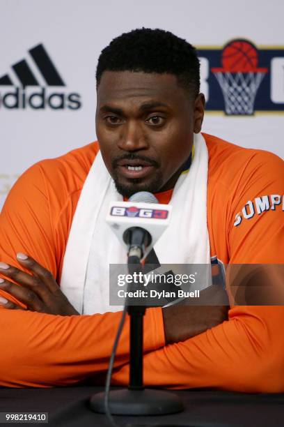 Jason Maxiell of 3's Company speaks to the media during BIG3 - Week Four at Little Caesars Arena on July 13, 2018 in Detroit, Michigan.