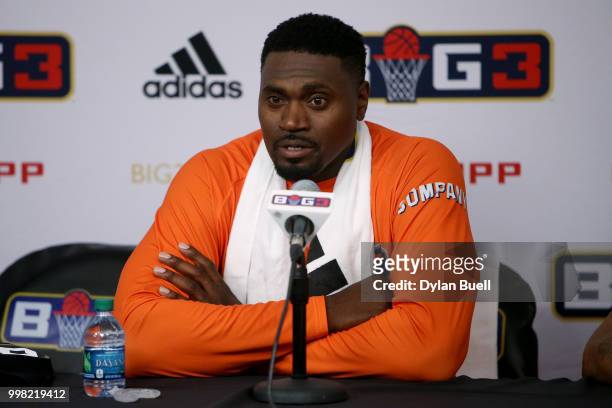 Jason Maxiell of 3's Company speaks to the media during BIG3 - Week Four at Little Caesars Arena on July 13, 2018 in Detroit, Michigan.