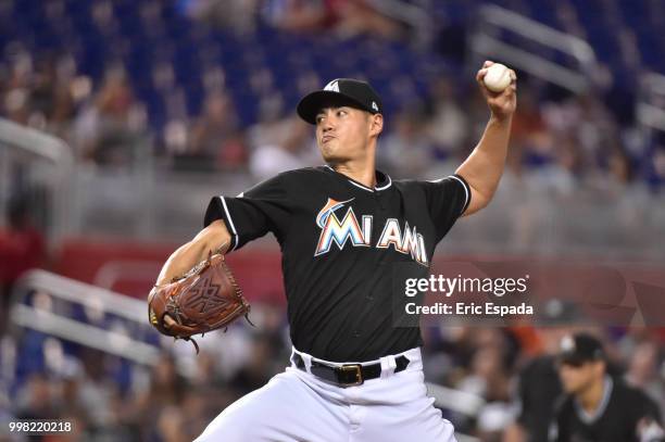 Wei-Yin Chen of the Miami Marlins throws a pitch during the first inning against the Miami Marlins at Marlins Park on July 13, 2018 in Miami, Florida.