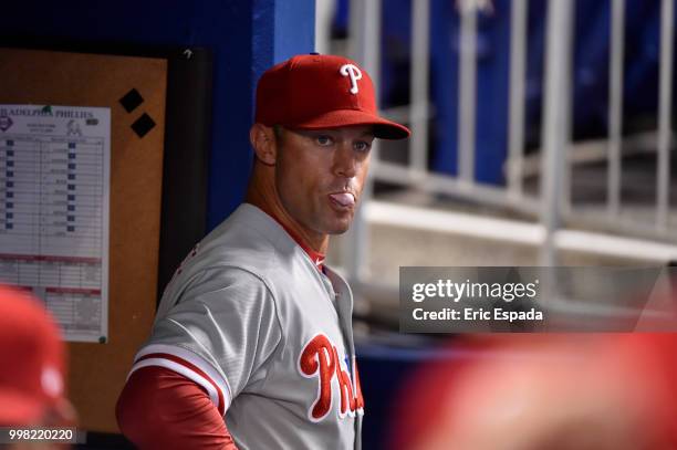 Manager Gabe Kapler of the Philadelphia Phillies in the dugout before the start of the game against the Miami Marlins at Marlins Park on July 13,...