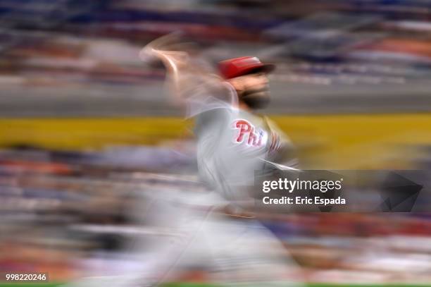 Jake Arrieta of the Philadelphia Phillies throws a pitch during the second inning of the game against the Miami Marlins at Marlins Park on July 13,...