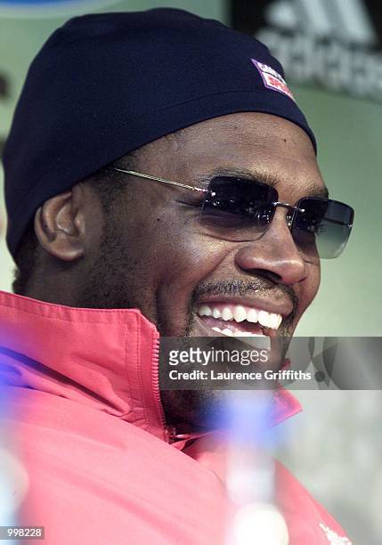 Audley Harrison during a press conference at St James Park in Newcastle ahead of his fight against Derrick McCafferty at the Telewest Arena in...