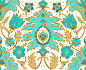 Bohemian seamless vector floral tile - turquoise and tan