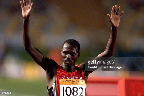 Paul Bitok of Kenya acknowledges the crowd after winning the men's 5000 metres during the athletics at the ANZ Stadium during the Goodwill Games in...