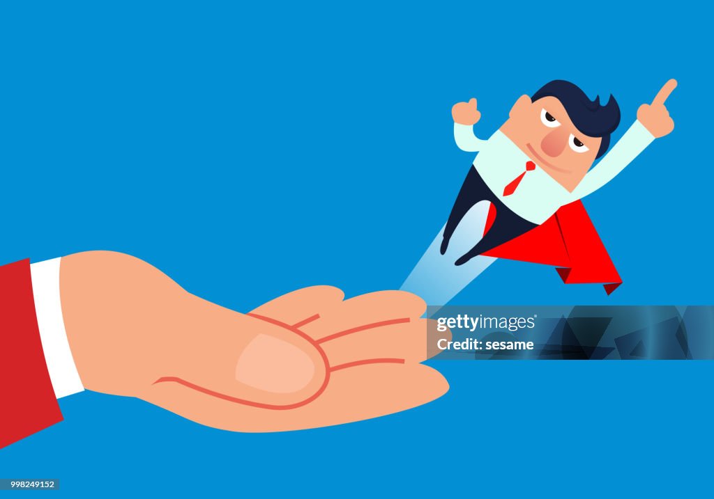 Businessman escapes from the hands of giants