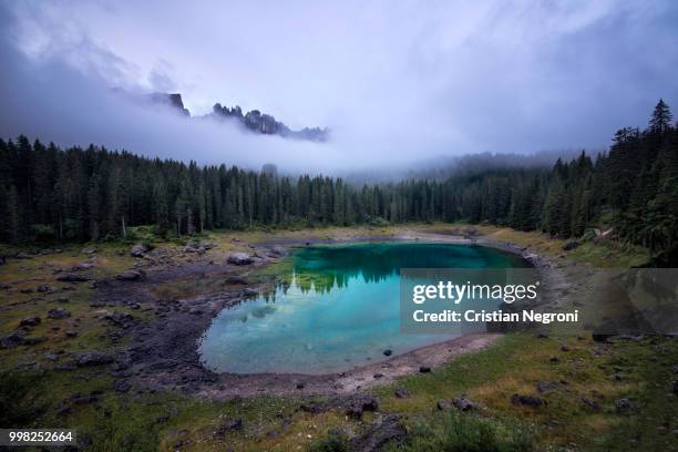 beautiful landscape shot on the italian alps with mountain lakes - lago de carezza fotografías e imágenes de stock