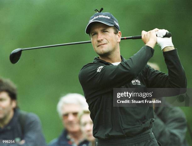 Steve Webster of England tees off on the 13th hole during the first round of the Lancome Trophy at the St-Nom-la-Breteche Golf Club, Paris, France....