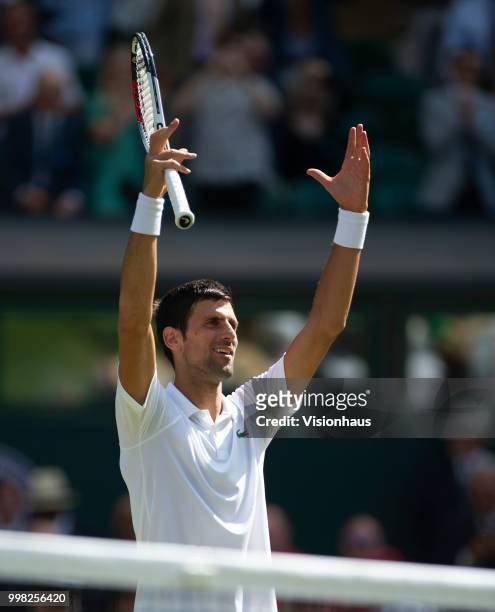 Novak Djokovic of Serbia during his quarter-final match against Kei Nishikori of Japan on day nine of the Wimbledon Lawn Tennis Championships at the...