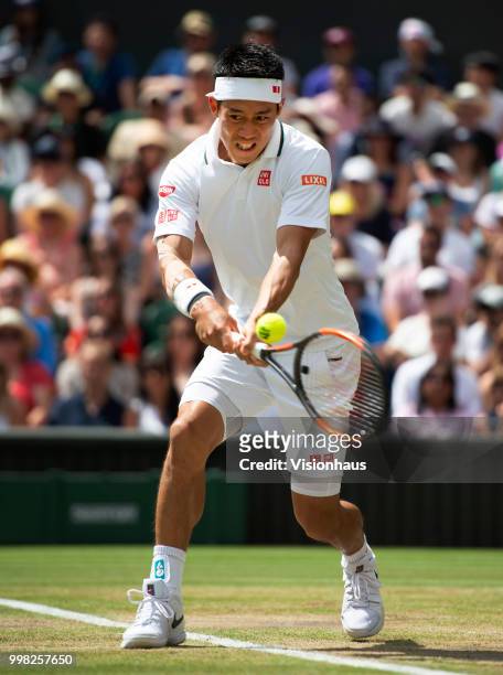 Kei Nishikori of Japan during his quarter-final match against Novak Djokovic of Serbia on day nine of the Wimbledon Lawn Tennis Championships at the...