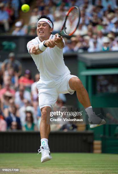 Kei Nishikori of Japan during his quarter-final match against Novak Djokovic of Serbia on day nine of the Wimbledon Lawn Tennis Championships at the...