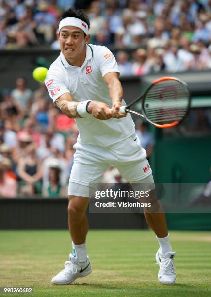 Kei Nishikori of Japan during his quarter-final match against Novak Djokovic of Serbia on day nine of the Wimbledon Lawn Tennis Championships at the...