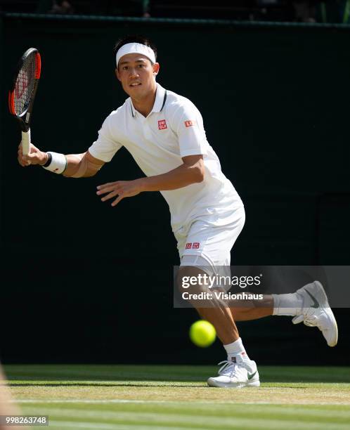 Kei Nishikori of Japan during his quarter-final match against Novak Djokovic of Serbia on day nine of the Wimbledon Lawn Tennis Championships at the...