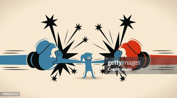 businesswoman block jabs & straight punches (big boxing glove), woman stop conflict - furious stock illustrations stock illustrations