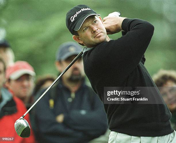 Retief Goosen of South Africa tees off on the 16th hole during the first round of the Lancome Trophy at the St-Nom-la-Breteche Golf Club, Paris,...