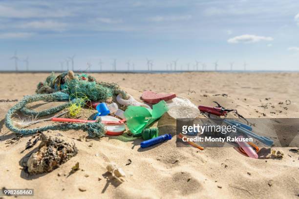plastic pollution collected on beach, north east england, uk - east beach stock pictures, royalty-free photos & images