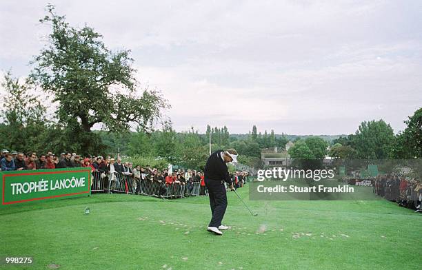 Colin Montgomerie of Scotland drives off on the 18th tee during the first round of the Lancome Trophy at the St-Nom-la-Breteche Golf Club, Paris,...