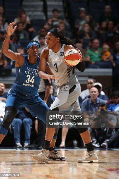 Kelsey Bone of the Las Vegas Aces handles the ball against the Minnesota Lynx on July 13, 2018 at Target Center in Minneapolis, Minnesota. NOTE TO...