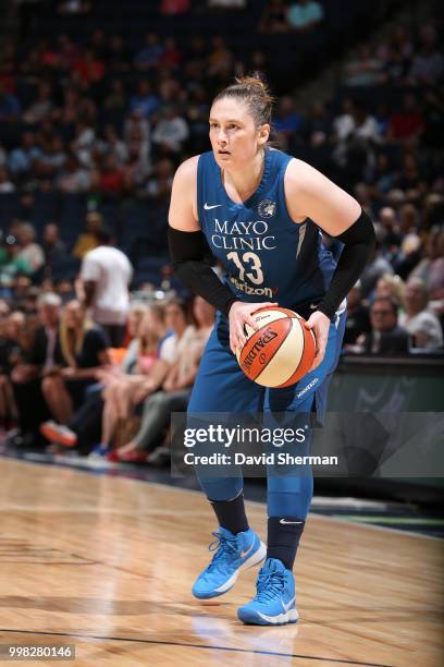 Lindsay Whalen of the Minnesota Lynx handles the ball against the Las Vegas Aces on July 13, 2018 at Target Center in Minneapolis, Minnesota. NOTE TO...