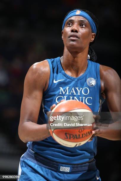 Sylvia Fowles of the Minnesota Lynx handles the ball against the Las Vegas Aces on July 13, 2018 at Target Center in Minneapolis, Minnesota. NOTE TO...