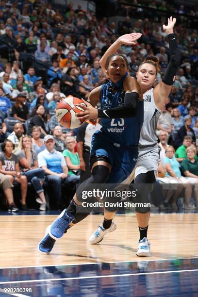 Maya Moore of the Minnesota Lynx handles the ball against the Las Vegas Aces on July 13, 2018 at Target Center in Minneapolis, Minnesota. NOTE TO...