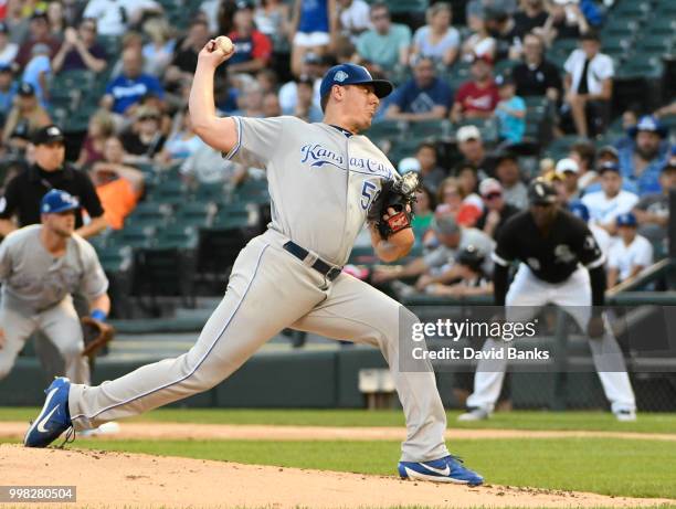 Brad Keller of the Kansas City Royals pitches against the Chicago White Sox during the first inning on July 13, 2018 at Guaranteed Rate Field in...