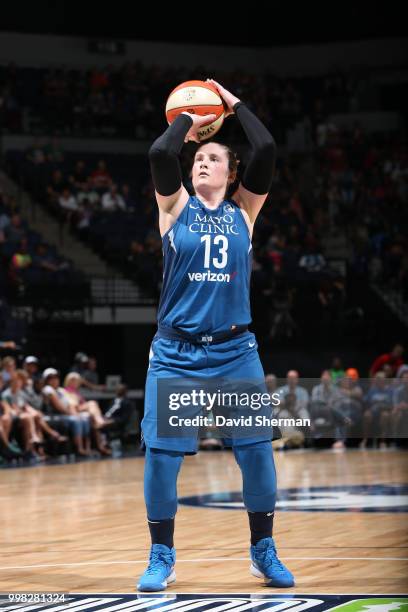 Lindsay Whalen of the Minnesota Lynx shoots a foul against the Las Vegas Aces on July 13, 2018 at Target Center in Minneapolis, Minnesota. NOTE TO...