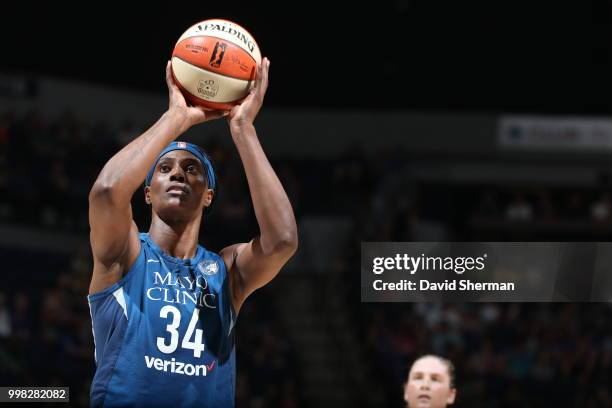 Sylvia Fowles of the Minnesota Lynx shoots the ball against the Las Vegas Aces on July 13, 2018 at Target Center in Minneapolis, Minnesota. NOTE TO...