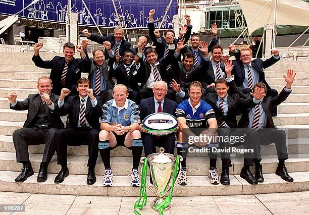 Neil Jenkins of Cardiff and Mike Catt of Bath ) pose with Roger Birkby, Managing Partner of International law firm Norton Rose and the Norton Rose...