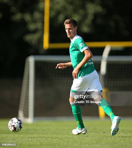 Sebastian Langkamp of Werder Bremen controls the ball during the friendly match between OSC Bremerhaven and Werder Bremen on July 10, 2018 in...